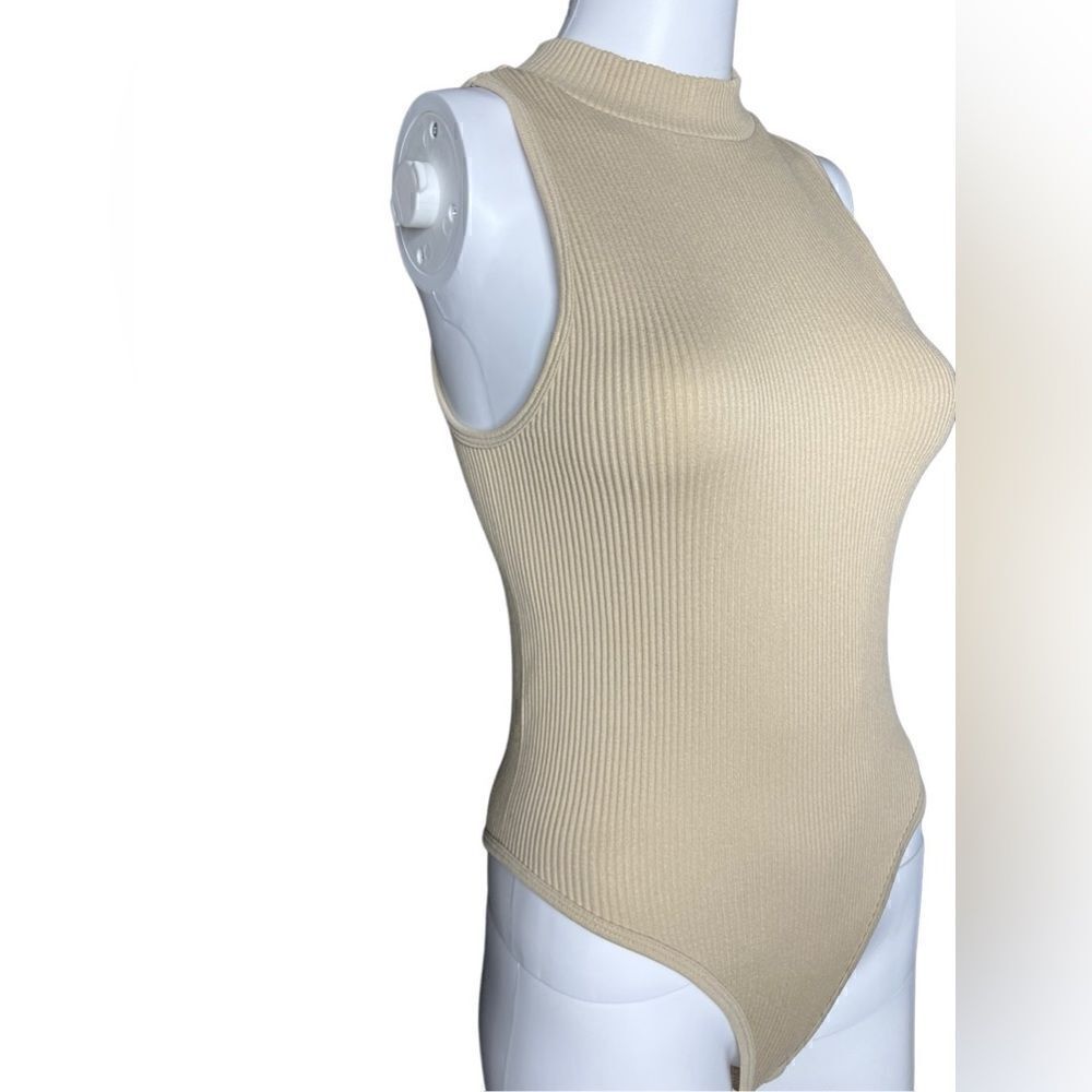 Pink Rose Ribbed Mock Neck Bodysuit Tan XS Small - Picture 3 of 3